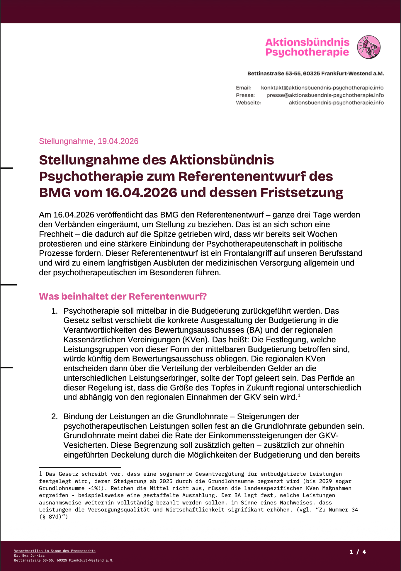 Stellungnahme zum Referentenentwurf