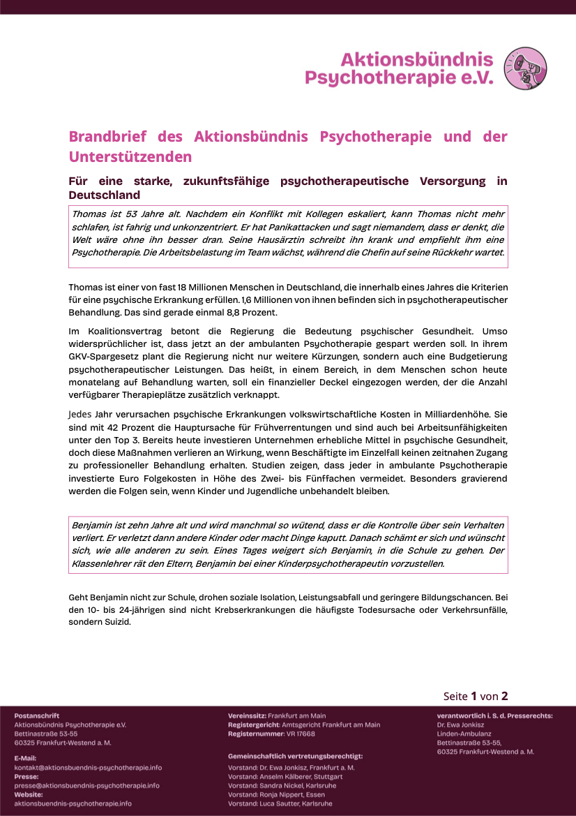 Brandbrief des Aktionsbündnis Psychotherapie