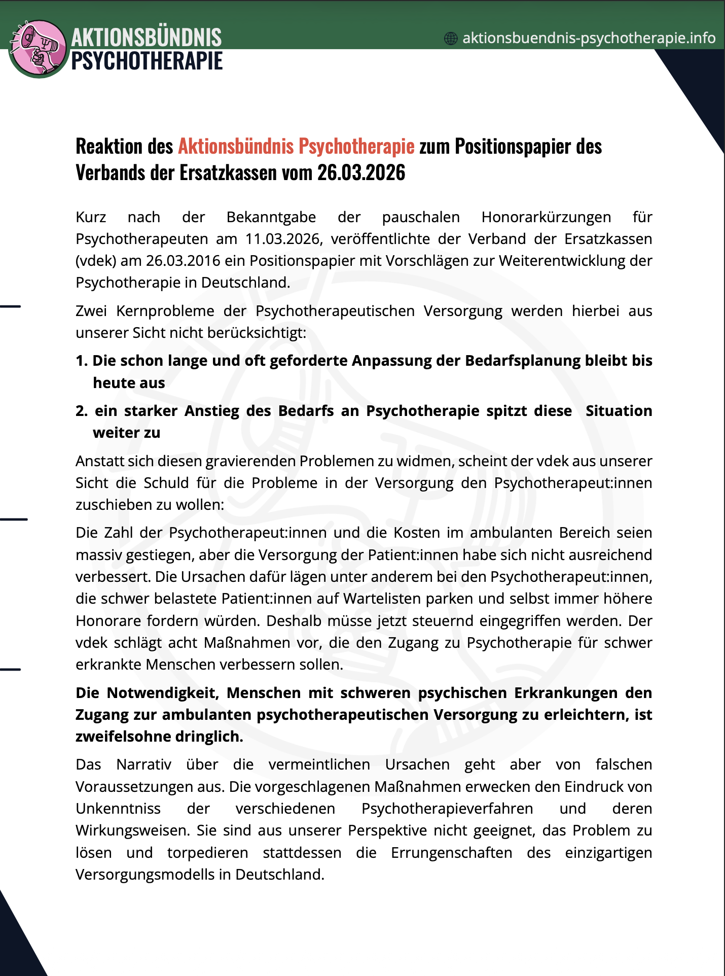 Unsere inhaltliche Antwort auf Forderungen aus den GKV-Verbänden zur Psychotherapie