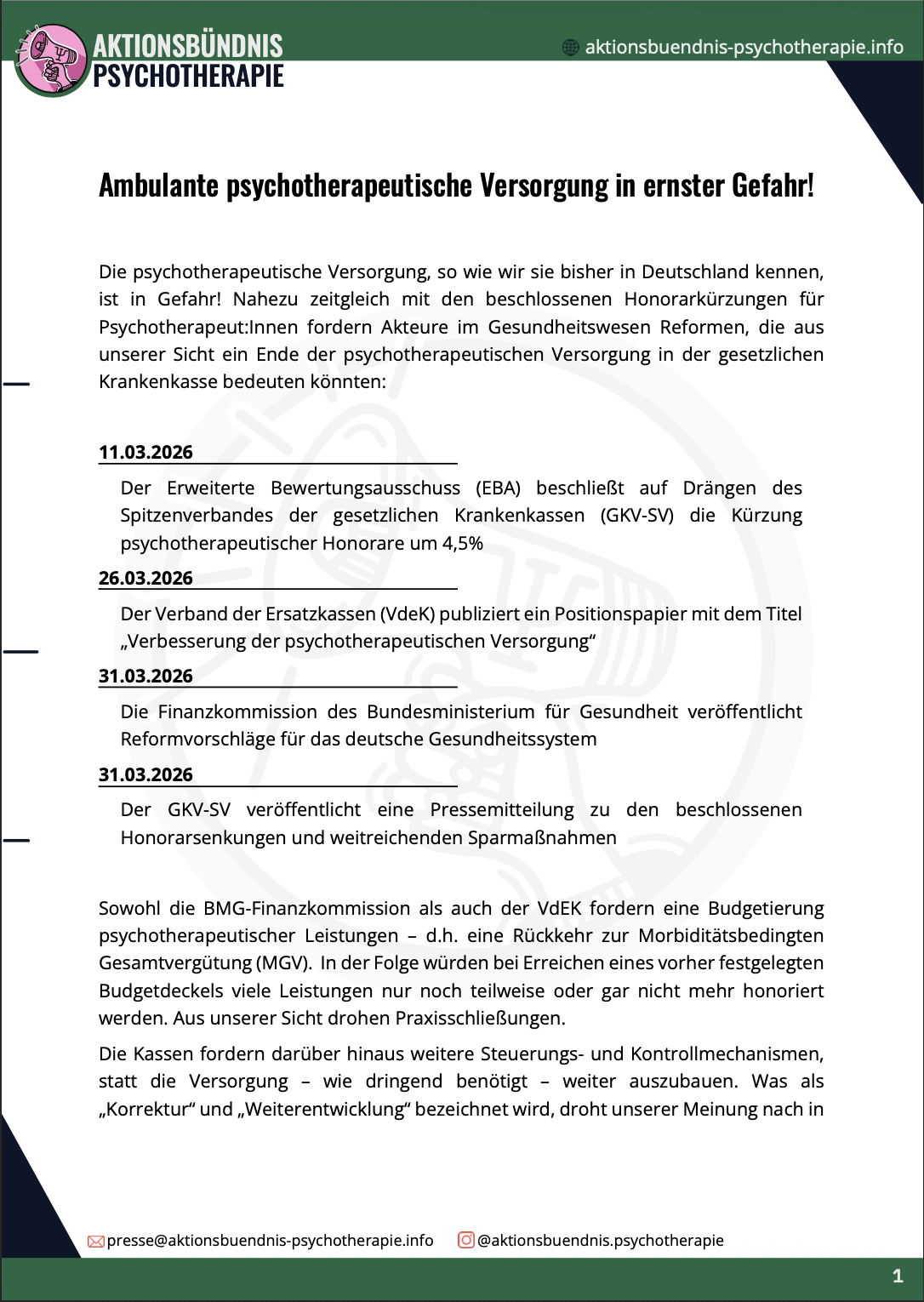 Übersicht: Psychotherapie in Gefahr - eine Chronik der Ereignisse rund um die Honorarkürzungen